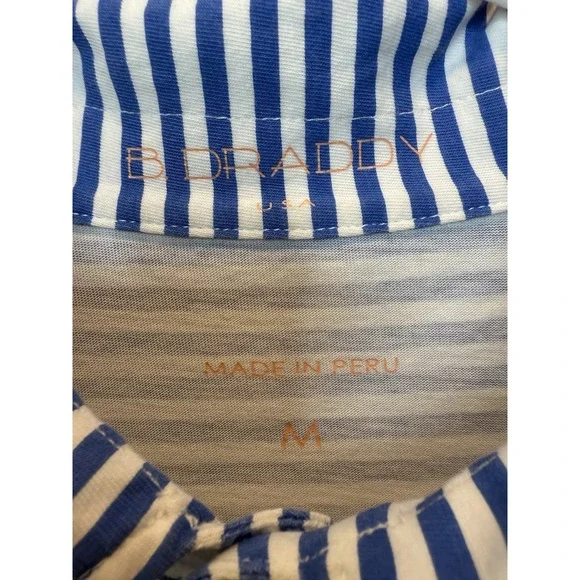 B Draddy Blue White Striped Nautilus Pattern Cotton Golf Polo Medium Shortsleeve - Picture 3 of 4